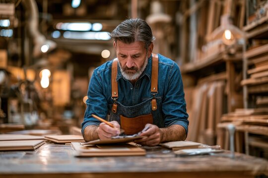 A focused male artisan examines detailed production documents in a well-lit woodworking workshop surrounded by tools and materials.