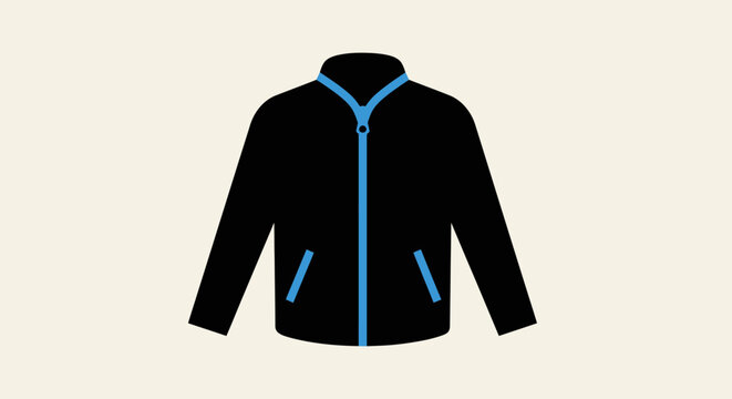 Minimalist representation of a black jacket with blue zipper and trim details