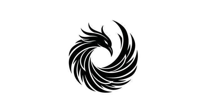 Circular phoenix firebird logo symbol black and white.