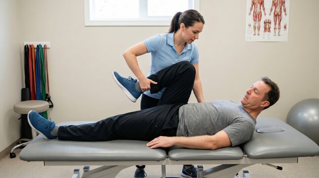 Physical therapist assisting man with leg stretch on treatment table in clean rehabilitation clinic with exercise equipment and anatomical chart
