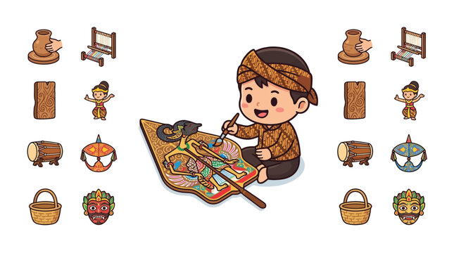 Cute chibi Indonesian boy in traditional batik clothing and blangkon hat painting a Wayang Kulit shadow puppet, set featuring cultural icons like pottery, weaving, and masks.