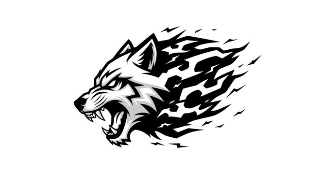 Aggressive wolf head illustration with flaming fur texture.