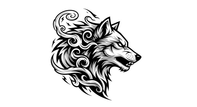 Artistic wolf profile with stylized flame or smoke patterns.
