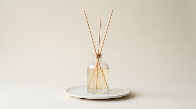 Minimalist reed diffuser with natural sticks on white ceramic plate in soft light