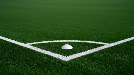 Fototapeta premium Baseball diamond corner on lush green field with chalk foul line and home plate