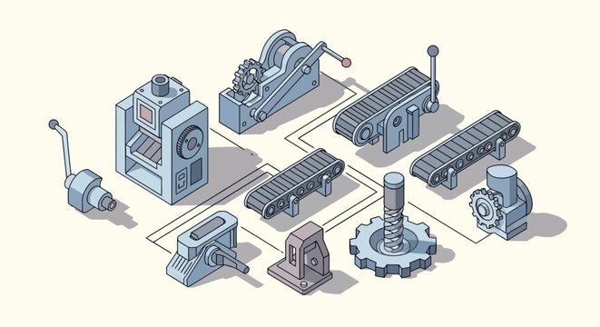 Isometric illustration of an assembly line with machines and mechanisms in operation.