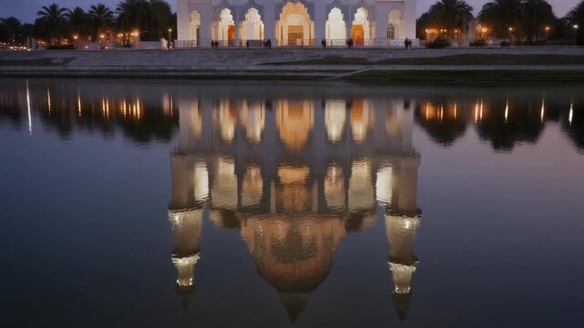 Taj Mahal reflection in water at night.