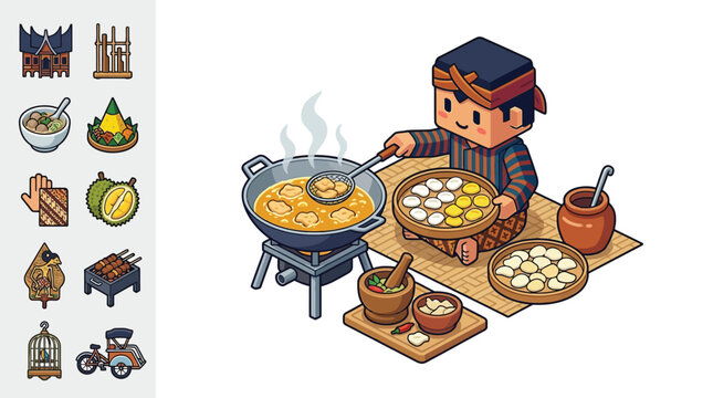Isometric voxel-style illustration of a cute Indonesian character in traditional clothing cooking street food in a wok, featuring cultural icons like batik, wayang, and local food.