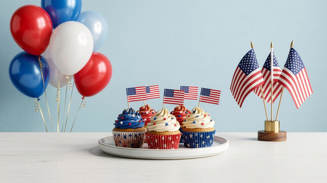 Independence Day Pastries cakes and American flags with bloon
