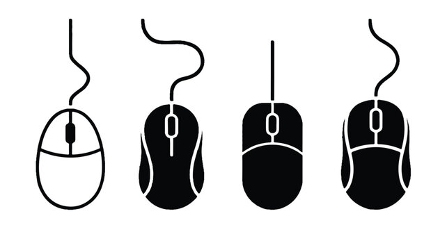 An illustration showing four different computer mice with cords in a row