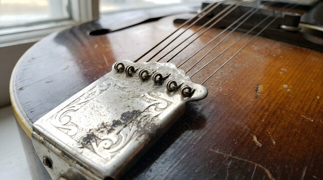 Vintage Guitar Bridge and Strings Up Close