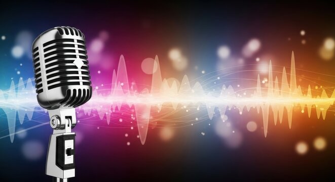 Vintage Microphone Captures Sound Waves with Colorful Background.
