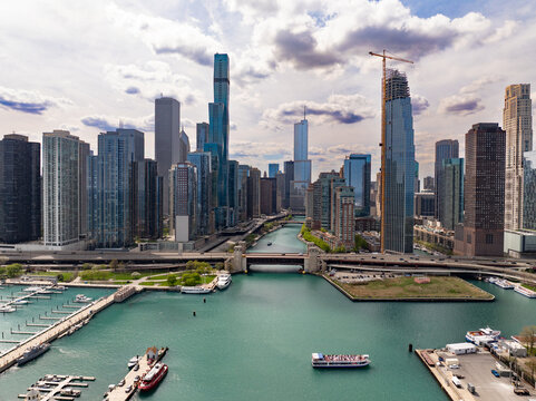 Aerial View of the Chicago River Meeting Lake Michigan with Boats and Marina in the Foreground