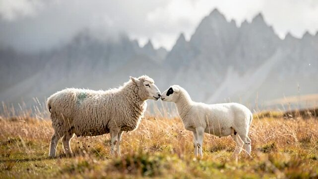The essence of maternal care unfolds between a protective ewe and her young lamb, set against the breathtaking, wild beauty of a mountainous, windswept terrain
