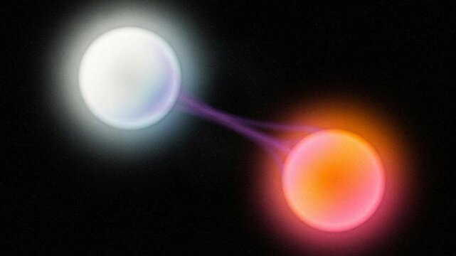 Dynamic abstract illustration of two luminous orbs, cool and warm, connected by a vibrant energy link, symbolizing cosmic interaction and particle exchange
