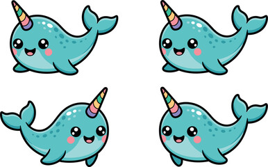 Cute Kawaii Cartoon Narwhal Collection with Rainbow Horn and Happy Smiling Face Blue Ocean Sea Unicorn Character Vector Illustration © MstSumaya