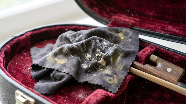 Dirty violin bow in case with cleaning cloth