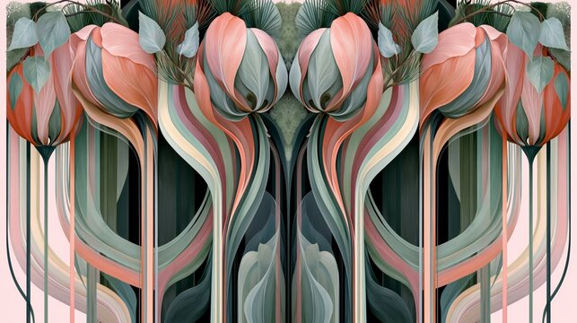 Symmetrical Art Nouveau floral pattern featuring stylized botanical elements
