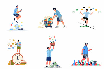 Naklejka premium Set of conceptual illustrations depicting digital information overload, time management, spam filtering, and virtual reality experiences in the modern world.