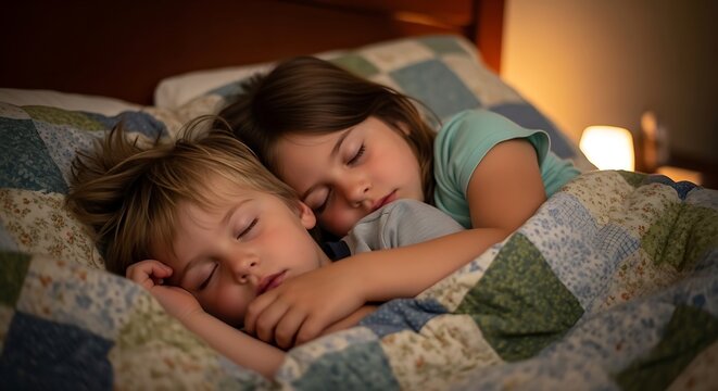 Peaceful Sleeping Children Cuddled Under Patchwork Quilt in Dim Bedroom