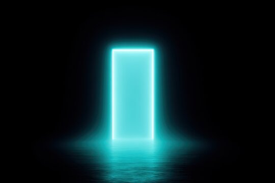 A glowing blue doorway stands mysteriously in a dark space.