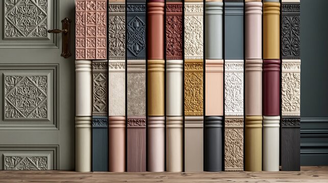 Variety of ornate baseboard and architectural trim samples in showroom