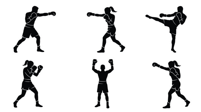 Detailed vector illustration of male and female athletes practicing boxing and kickboxing in silhouette poses
