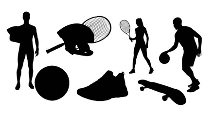 Black silhouettes of sports equipment and players © Md