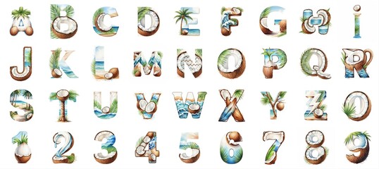 Obraz premium Watercolor Tropical Alphabet and Numbers with Coconuts and Beach Scenes