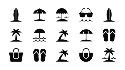 Fototapeta premium Beach icon set with surfboard umbrella palm tree sunglasses flip flops and beach bag.