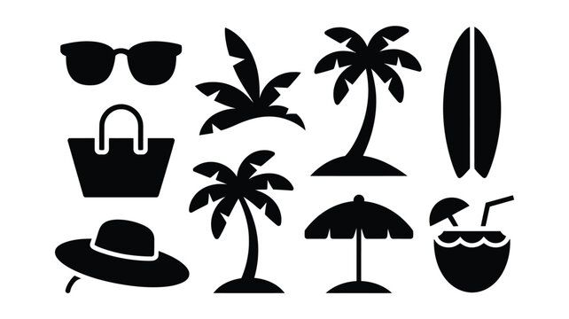 Vector icon set depicting tropical summer elements like palm trees surfboards and drinks.