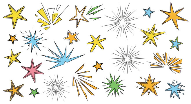 Hand drawn star doodles and comic burst icons, colorful sketch starburst collection, decorative pop art explosion elements for graphic design