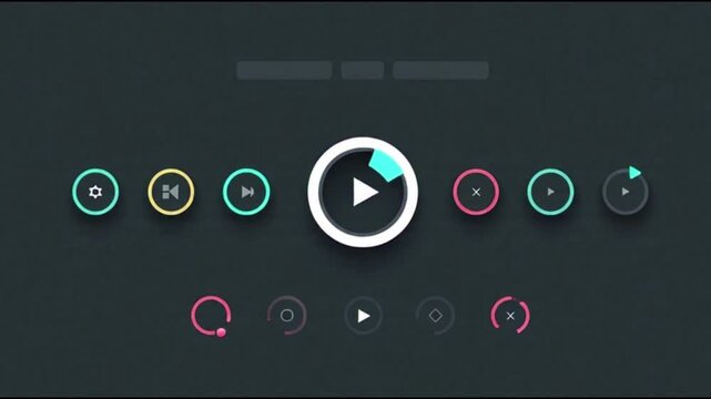 Modern flat design user interface elements for media player or application control with vibrant circular icons and playback functionalities, ideal for web and app development