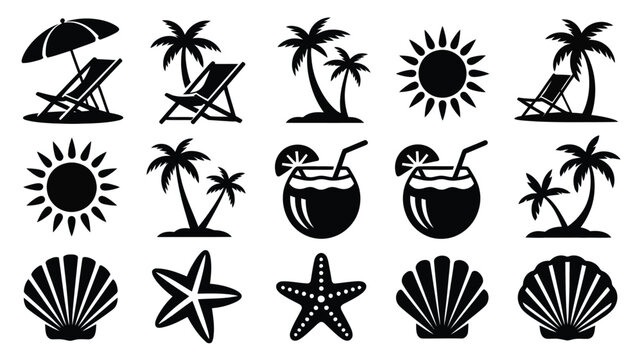 Beach vacation icon set with umbrella chair palm trees sun coconut drinks and starfish.