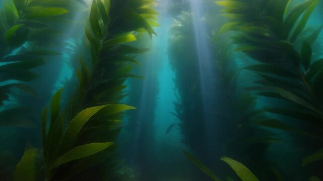 Underwater kelp forest with sun rays filtering through the ocean surface.