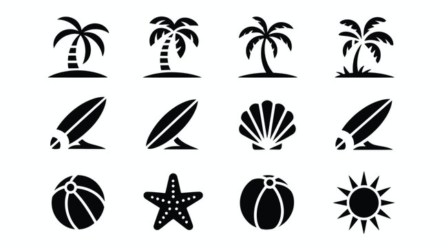Minimalist beach travel icons collection with surfboard starfish shells and palm silhouettes.