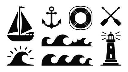 Set of nautical icons featuring sailboat anchor life buoy crossed oars lighthouse and waves. © Somiran