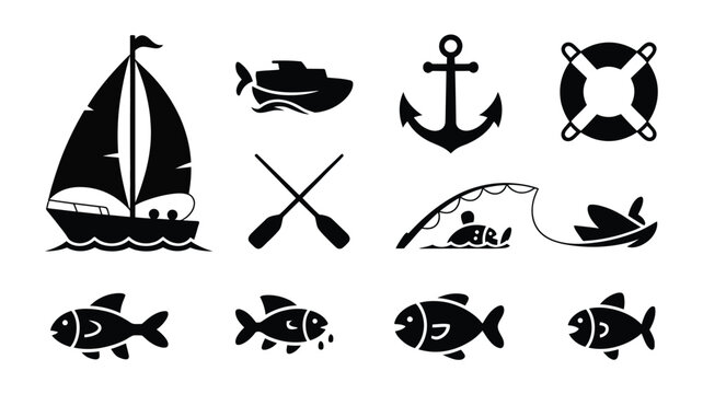 Nautical icons collection featuring sailing boat anchor lifebuoy and various fish symbols.