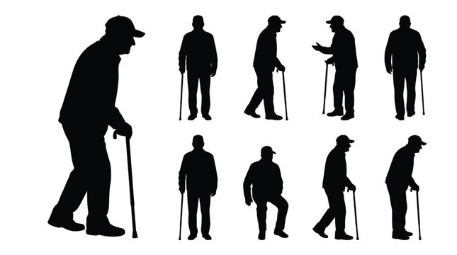 A collection of black vector silhouettes depicting elderly men standing and walking with walking sticks