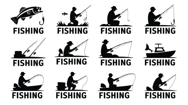 Fishing silhouette icon set with anglers fishing on water and boats vector illustration on white background.