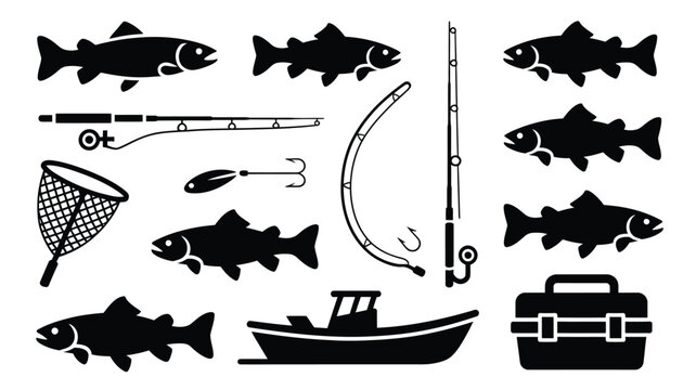 Fishing elements black icon set on white background vector illustration fish fishing rod lure fishing net boat toolbox.
