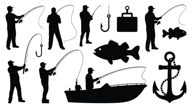 Sport fishing silhouettes with various angler poses and nautical elements for web design.