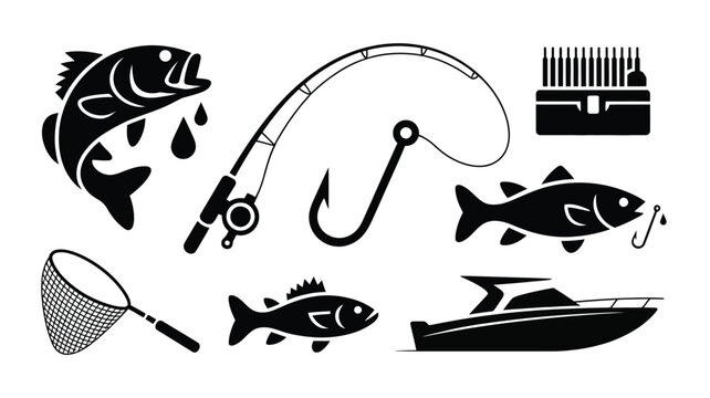 Fishing icons featuring jumping fish tackle box landing net and speedboat vector silhouette.