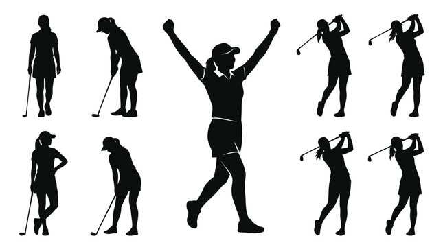 Detailed vector illustration set featuring female golf silhouettes in various professional athletic poses and stances
