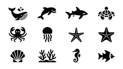 Underwater fauna black icons set with turtle whale dolphin starfish jellyfish and seashell. © Somiran