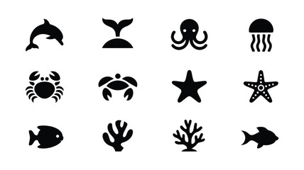 Various marine animals and ocean life silhouette icons set for graphic design projects art. © Somiran