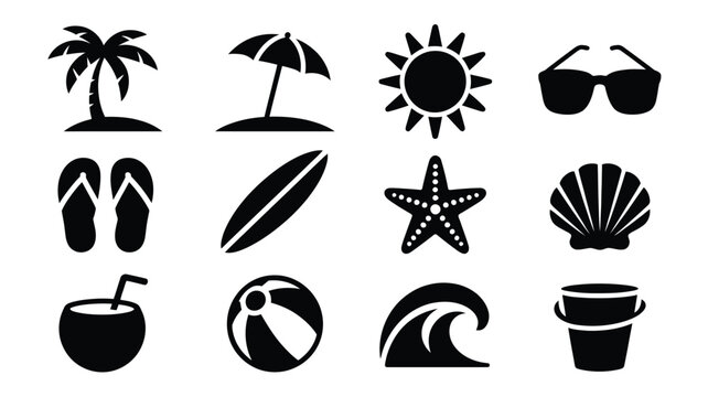 Beach and summer vacation icon set in vector format on white background.