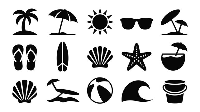 Summer beach and holiday vector icons collection on white background.
