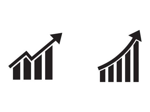 Two black bar graphs with arrows pointing up showing growth and increase in business and finance statistics and data analysis