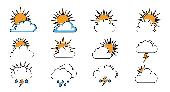 Weather forecast icons representing sun, clouds, rain, and thunderstorms for weather updates
